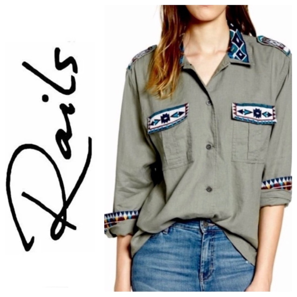 Rails Kona Linen Blend Button-Up Shirt Embroidered - image 1